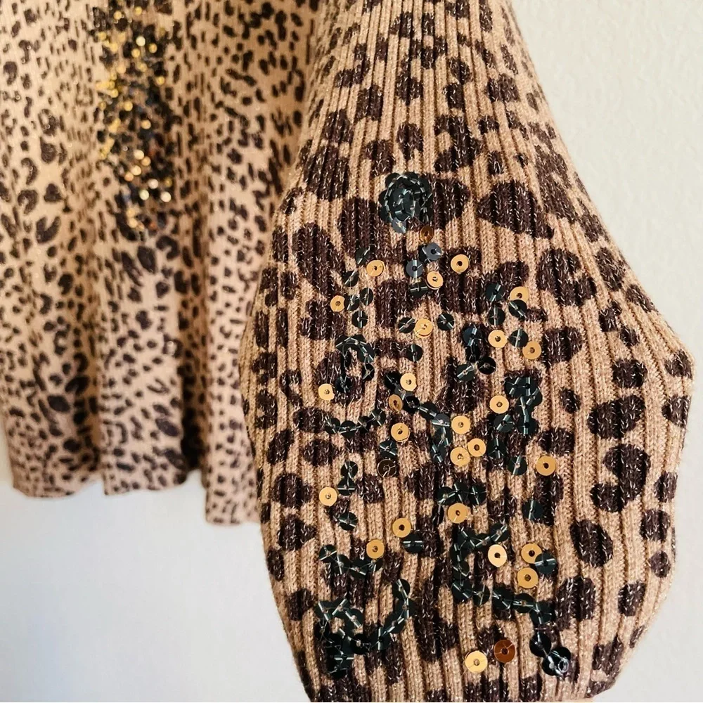 Chico’s cheetah sweater top size 3 Large ribbed sequin stretchy sophisticated - Picture 6 of 9
